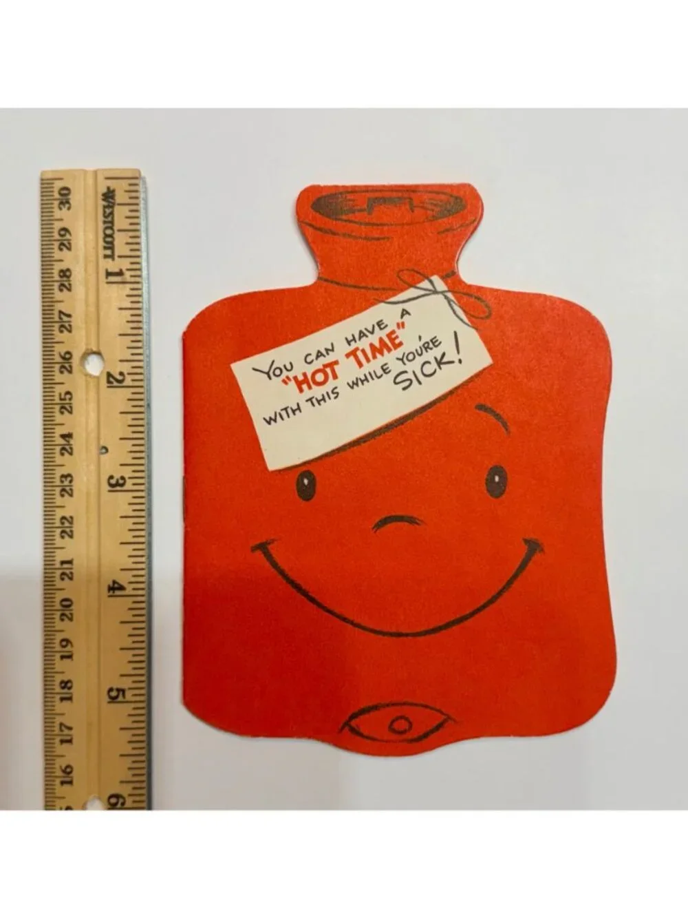 Vintage Gibson Get Well Card Shaped Like A Red Hot Water Bottle With Jokes & Ill